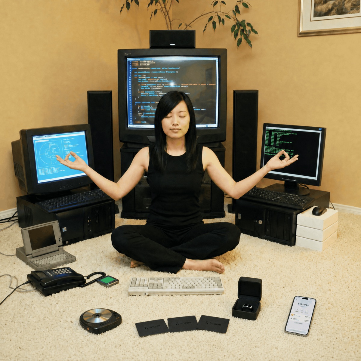 A woman meditating on the carpet, surrounded by monitors, phones and gadgets