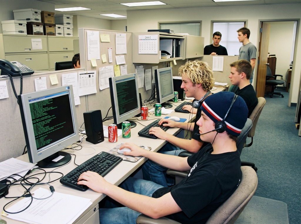 Young developers in an office cubicle row typing code, soda cans on the desks
