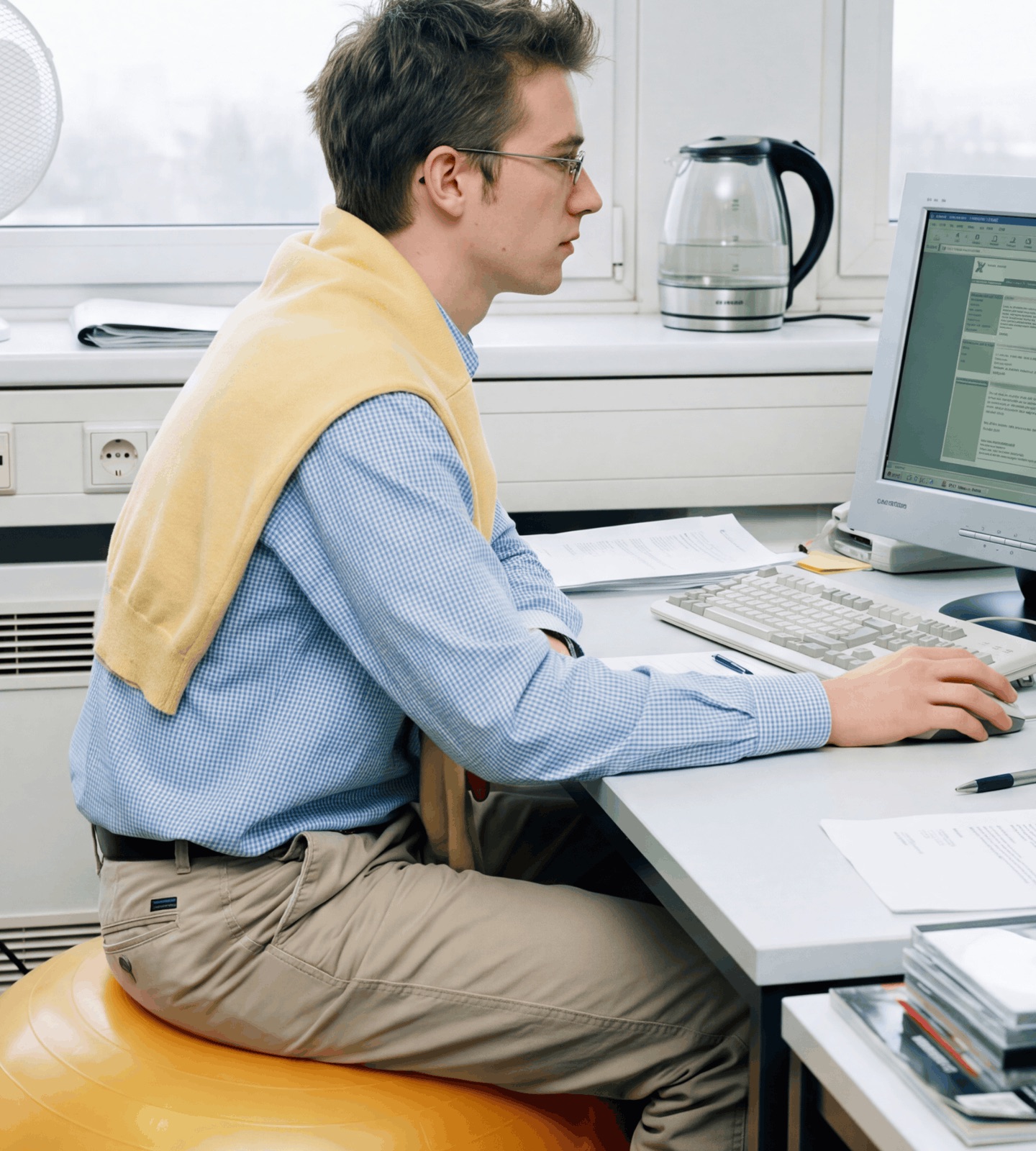 A young developer at an office desk in front of a CRT monitor