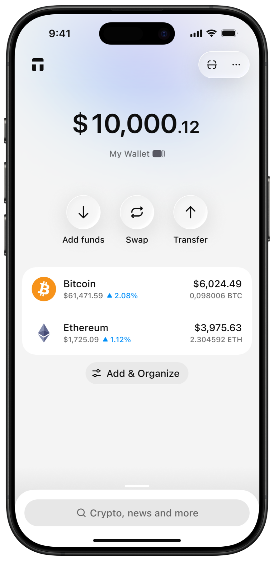The Tangem app on a phone: a $10,000.12 wallet with Bitcoin and Ethereum